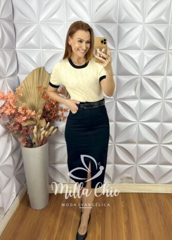Saia Lisandra Em Sarja - Preta - Milla Chic