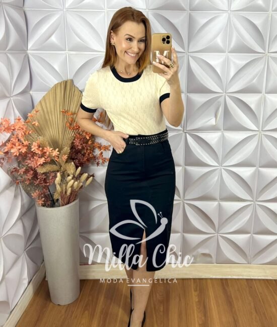 Saia Lisandra Em Sarja - Preta - Milla Chic