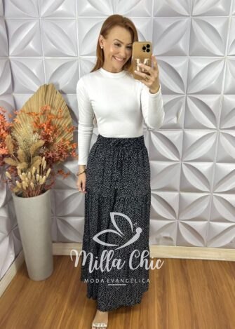 Saia longa Carla - Preta e Branca - Milla Chic