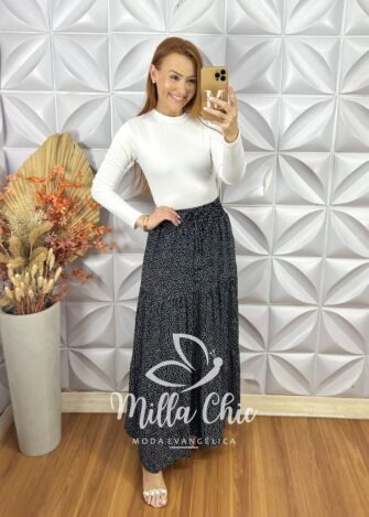 Saia longa Carla - Preta e Branca - Milla Chic