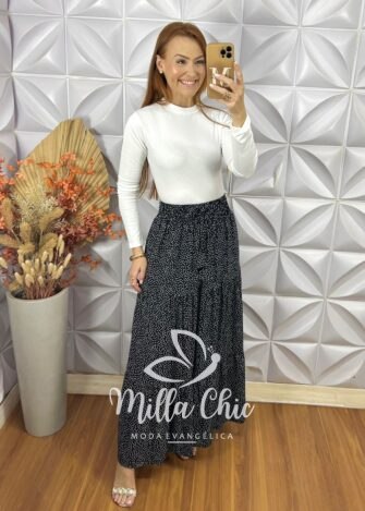 Saia longa Carla - Preta e Branca - Milla Chic