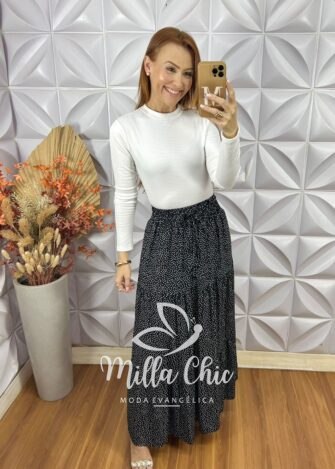 Saia longa Carla - Preta e Branca - Milla Chic