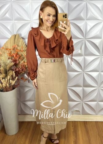 Saia Milka Em Alfaiataria Marrant - Bege - Milla Chic