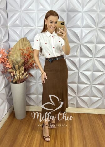 Saia Neide Em Tricot Modal -Marrom - Milla Chic