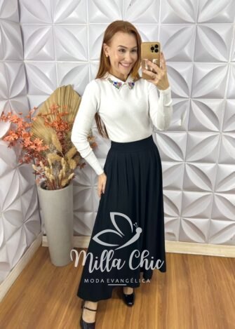 Saia Soraia Em Alfaiataria Marrant - Preto - Milla Chic