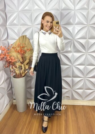Saia Soraia Em Alfaiataria Marrant - Preto - Milla Chic