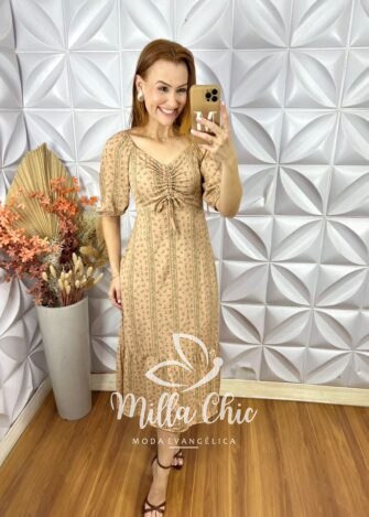 Vestido Juliana Em Viscolinho - Bege - Milla Chic