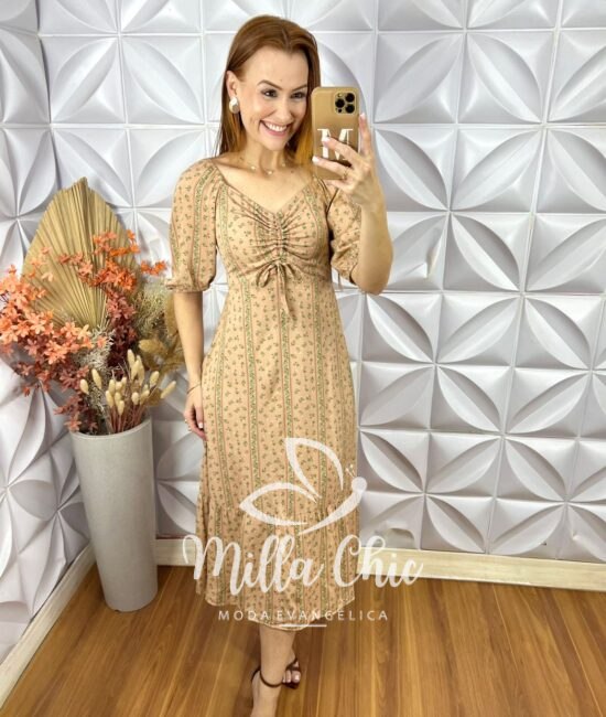 Vestido Juliana Em Viscolinho - Bege - Milla Chic