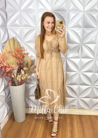 Vestido Juliana Em Viscolinho - Bege - Milla Chic