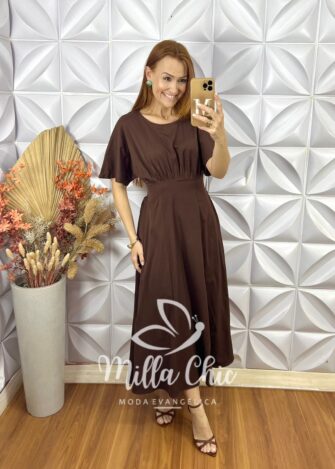 Vestido Dulce Em Sarja Com Elastano - Marrom - Milla Chic