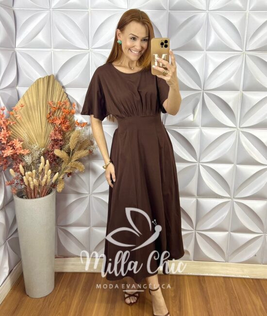 Vestido Dulce Em Sarja Com Elastano - Marrom - Milla Chic