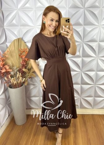 Vestido Dulce Em Sarja Com Elastano - Marrom - Milla Chic