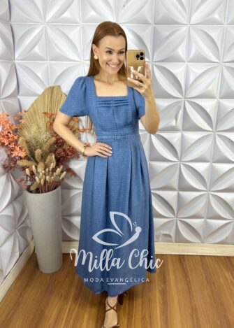 Vestido Ingrid Crepe Linho - Azul - Milla Chic