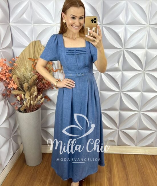 Vestido Ingrid Crepe Linho - Azul - Milla Chic