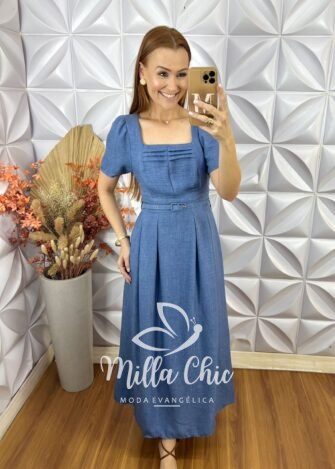 Milla Chic - millachic com br vestido ingrid crepe linho azul 3 Vestido Ingrid Crepe Linho - Azul - Milla Chic