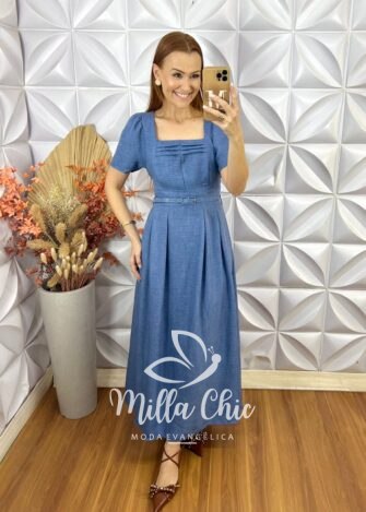 Milla Chic - millachic com br vestido ingrid crepe linho azul Vestido Ingrid Crepe Linho - Azul - Milla Chic