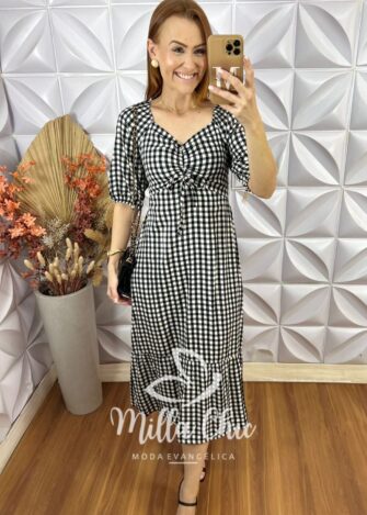 Vestido Juliana Xadrez - Preto e Rosa - Milla Chic