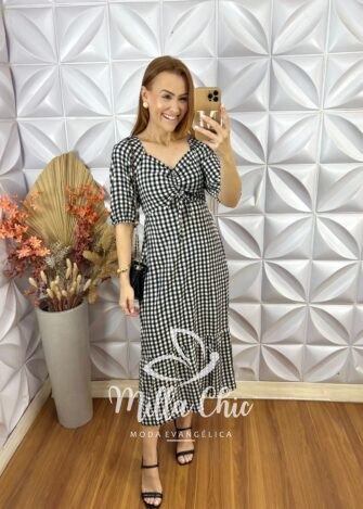 Vestido Juliana Xadrez - Preto e Rosa - Milla Chic