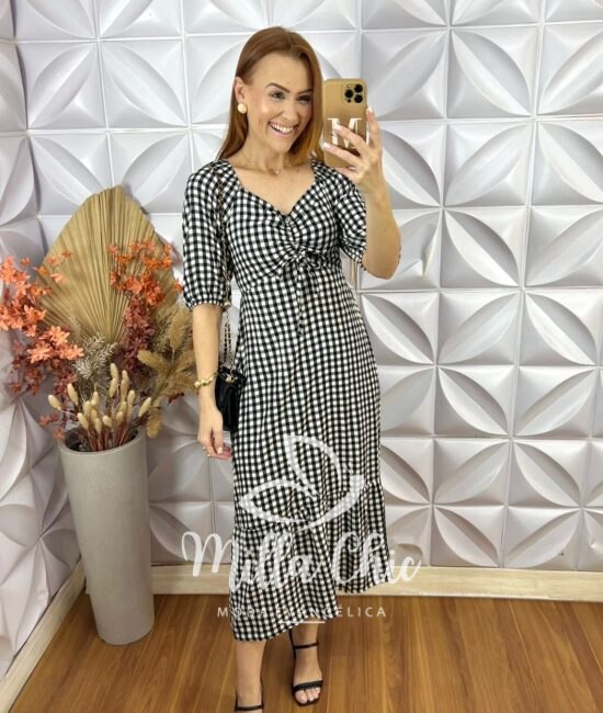 Vestido Juliana Xadrez - Preto e Rosa - Milla Chic