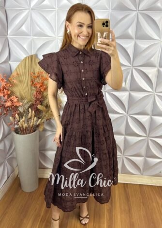Vestido Lolla Em Lesie De Algodão 3 D - Marrom - Milla Chic