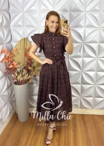 Vestido Lolla Em Lesie De Algodão 3 D - Marrom - Milla Chic