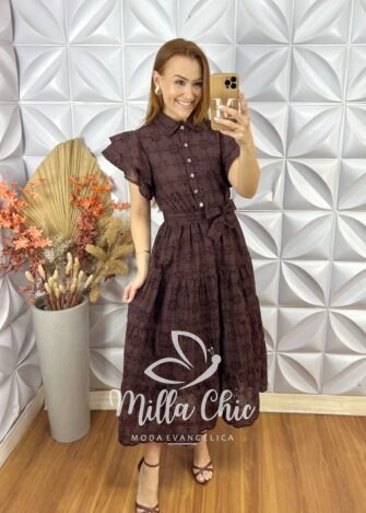 Vestido Lolla Em Lesie De Algodão 3 D - Marrom - Milla Chic