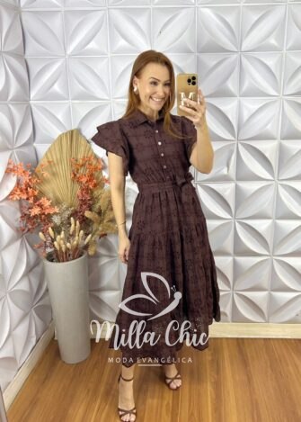 Vestido Lolla Em Lesie De Algodão 3 D - Marrom - Milla Chic
