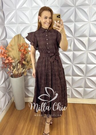 Vestido Lolla Em Lesie De Algodão 3 D - Marrom - Milla Chic