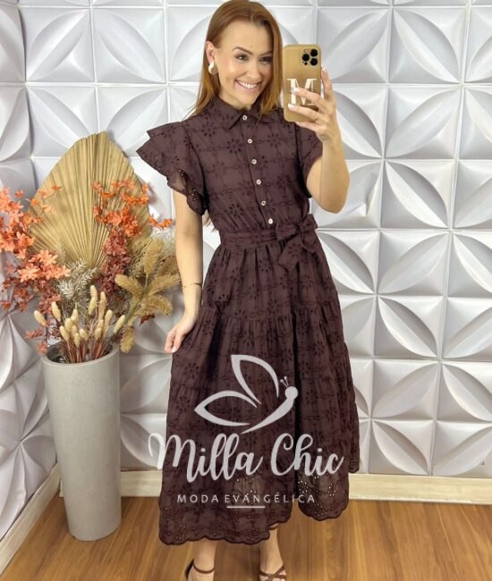 Vestido Lolla Em Lesie De Algodão 3 D - Marrom - Milla Chic