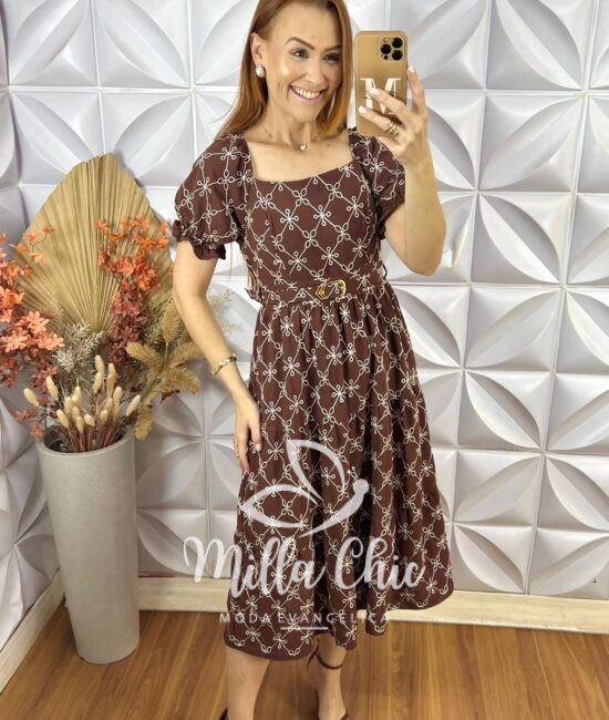 Vestido Magda Em Crepe Bordado - Marrom - Milla Chic