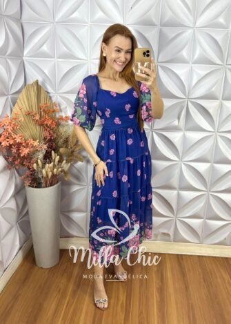 Vestido Mariana Em chiffon - Azul - Milla Chic