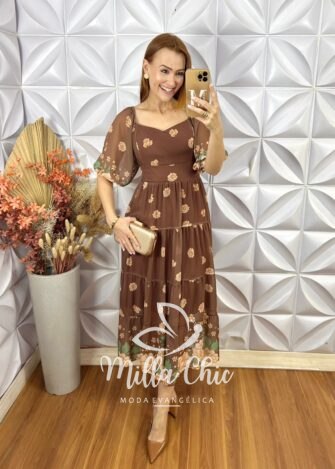 Vestido Mariana Em chiffon - Marrom - Milla Chic