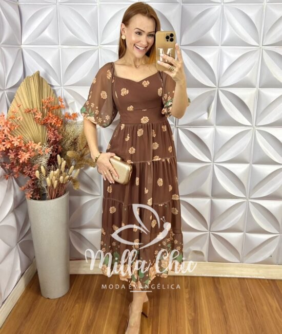 Vestido Mariana Em chiffon - Marrom - Milla Chic