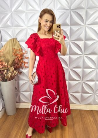 Vestido Midian Em Renda Rechilieu - Vermelho - Milla Chic