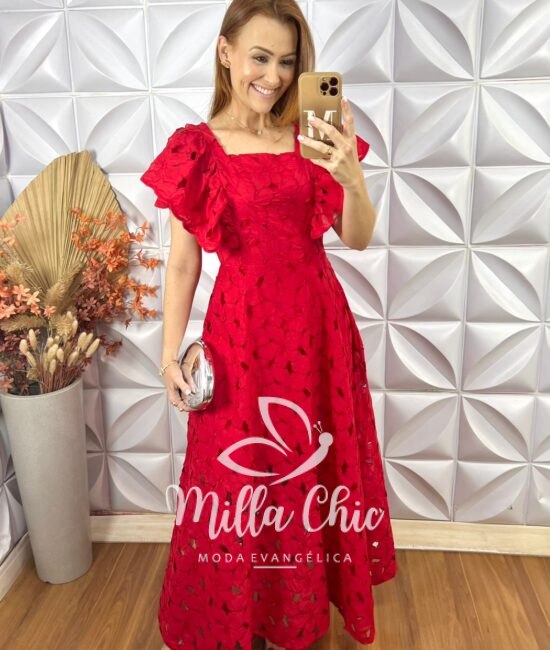 Vestido Midian Em Renda Rechilieu - Vermelho - Milla Chic