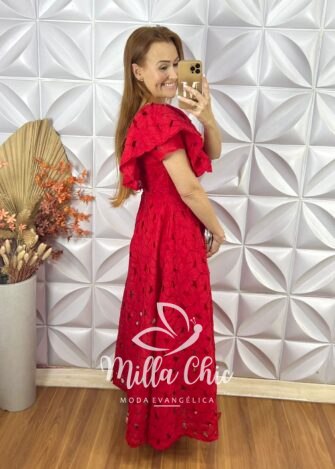 Vestido Midian Em Renda Rechilieu - Vermelho - Milla Chic