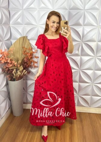 Vestido Midian Em Renda Rechilieu - Vermelho - Milla Chic