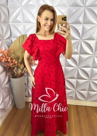 Vestido Midian Em Renda Rechilieu - Vermelho - Milla Chic