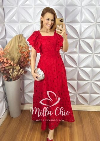 Vestido Midian Em Renda Rechilieu - Vermelho - Milla Chic