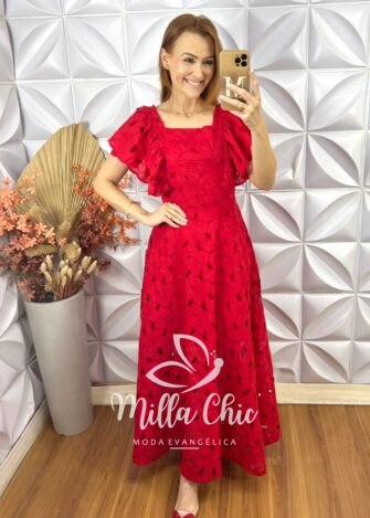 Vestido Midian Em Renda Rechilieu - Vermelho - Milla Chic