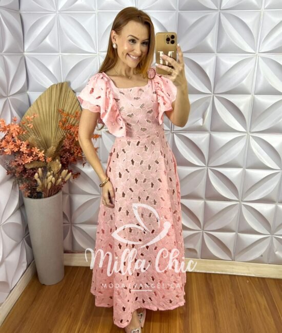 Vestido Midian Em Renda Rechilieu - Rosa - Milla Chic