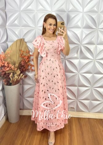 Vestido Midian Em Renda Rechilieu - Rosa - Milla Chic