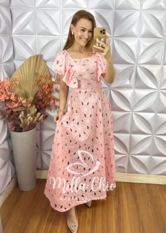 Vestido Midian Em Renda Rechilieu - Rosa - Milla Chic