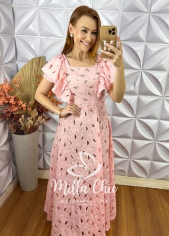 Vestido Midian Em Renda Rechilieu - Rosa - Milla Chic