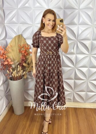 Vestido Magda Em Crepe Bordado - Marrom - Milla Chic