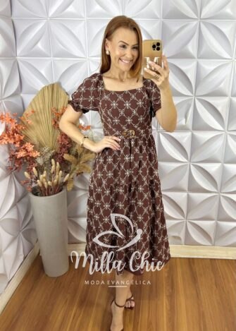 Vestido Magda Em Crepe Bordado - Marrom - Milla Chic