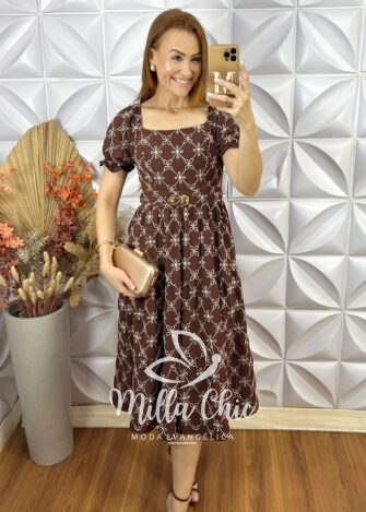 Vestido Magda Em Crepe Bordado - Marrom - Milla Chic