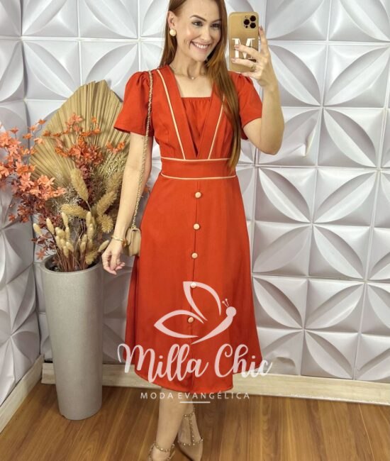 Vestido Odete Em Alfaiataria Twill - Laranja - Milla Chic
