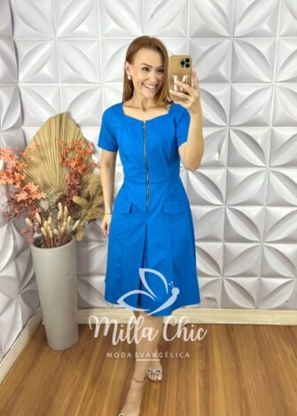 Milla Chic - millachic com br vestido olga em tricoline algodao azul 2 Vestido Olga Em Tricoline Algodão - Azul - Milla Chic