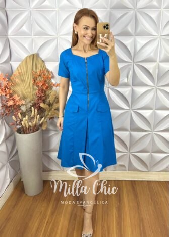 Milla Chic - millachic com br vestido olga em tricoline algodao azul 3 Vestido Olga Em Tricoline Algodão - Azul - Milla Chic